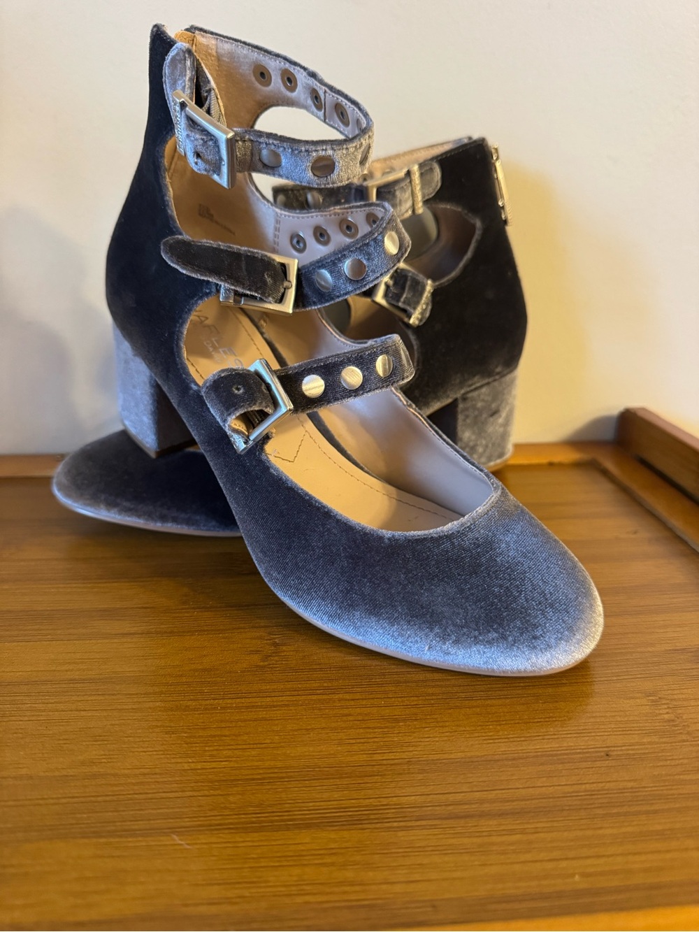 Charles By Charles David Velvet Triple-Strap Heels in Gray goth whimsigoth